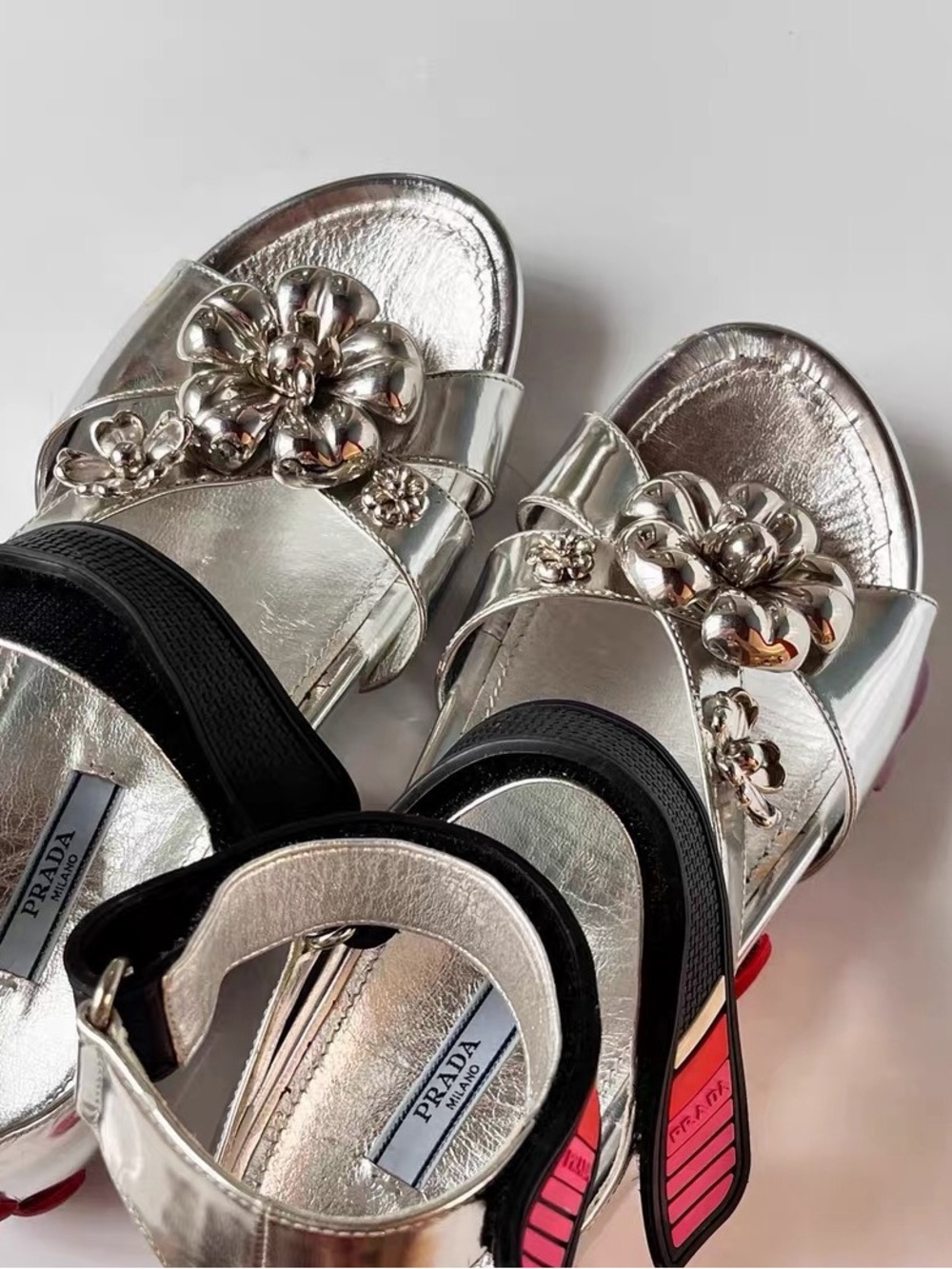 Prada Runway Silver Metallic Floral Sandals